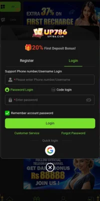 UP786 game login screen with registration and bonus offer