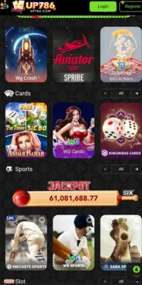 UP786 game lobby with cards, sports, and slot games